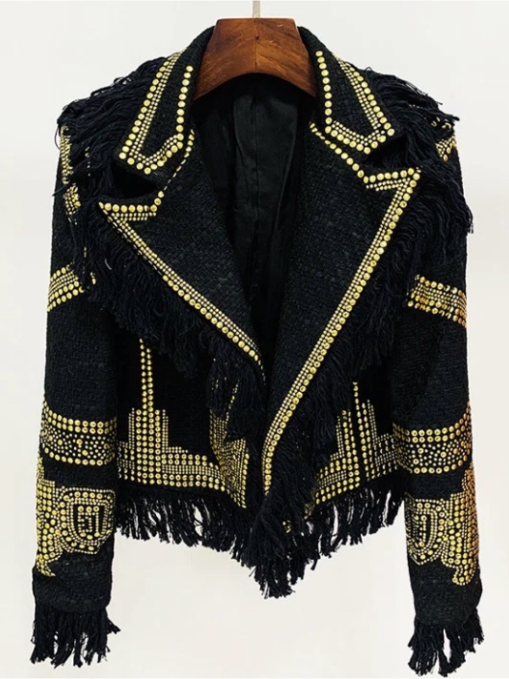Black Fringe Blazer with Gold Stud Detailing